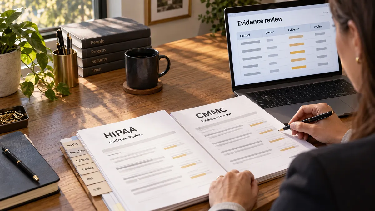 A person reviews two sample reports labeled HIPAA and CMMC beside a laptop with an illustrative evidence-review table.