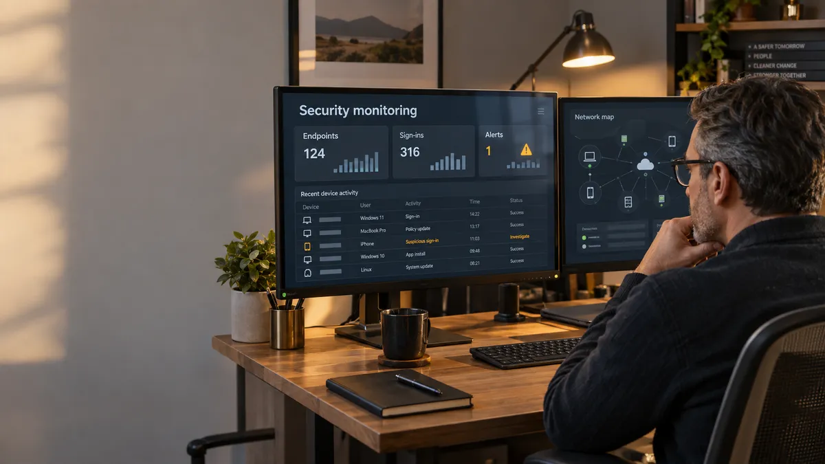 An analyst reviews two monitors showing an illustrative security dashboard and network map at a warm wooden desk.