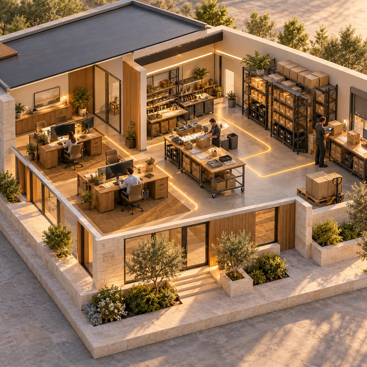 Architectural illustration connecting a sales and finance office, order preparation workspace, and organized stockroom with warm amber paths.