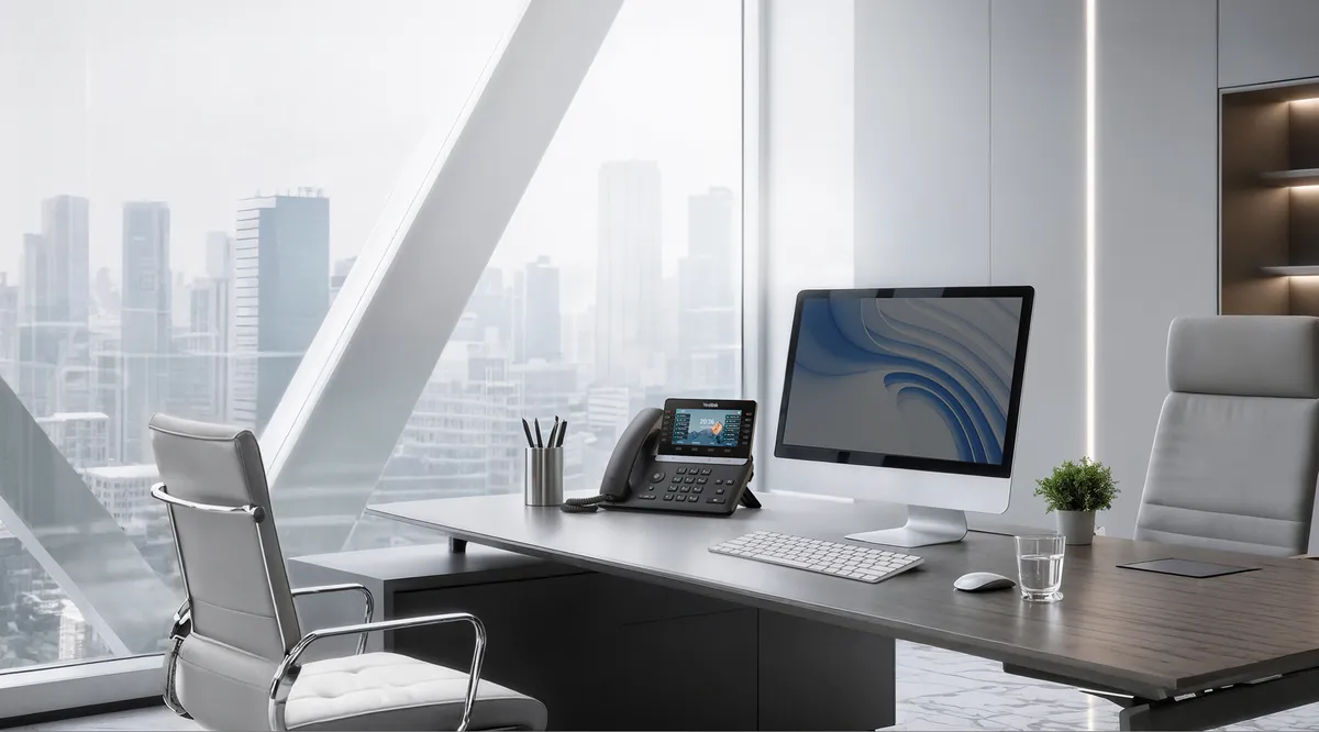 A Yealink T85W phone on a wood executive desk in a bright office overlooking a city.
