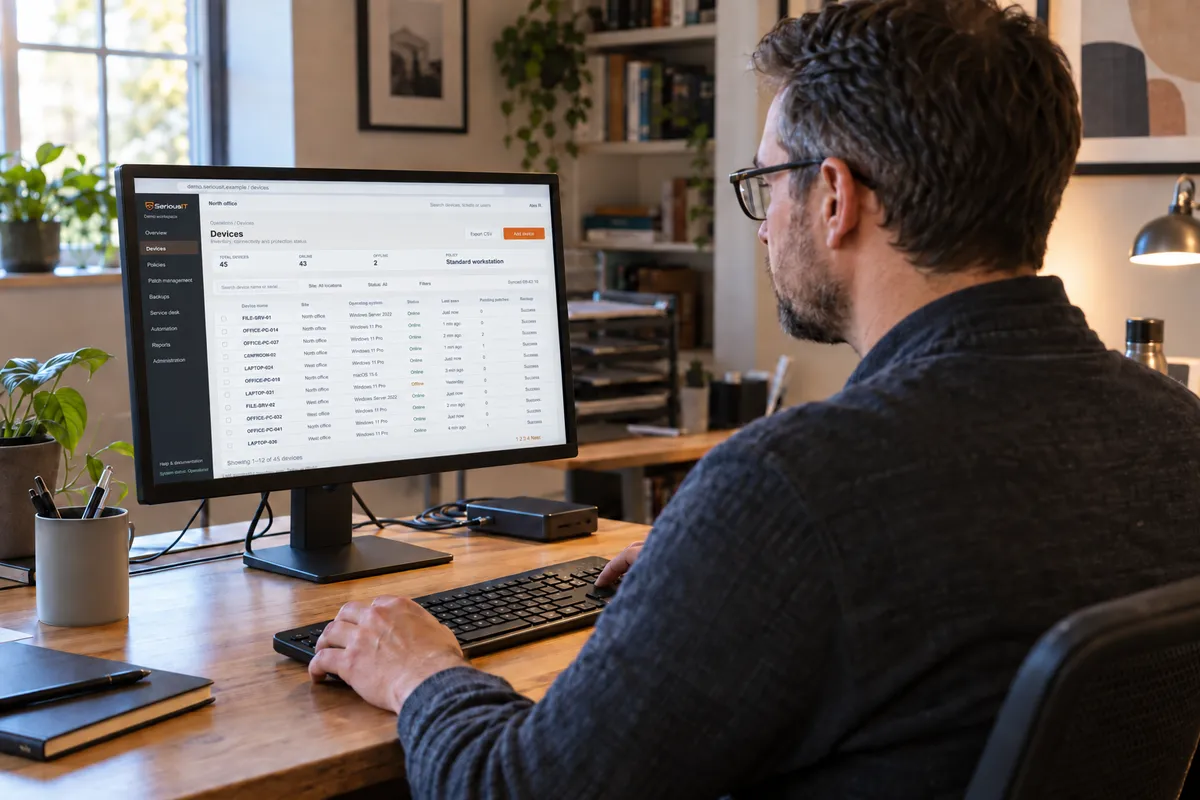 Illustrative scene of an engineer reviewing a SeriousIT-branded device inventory and operations console.